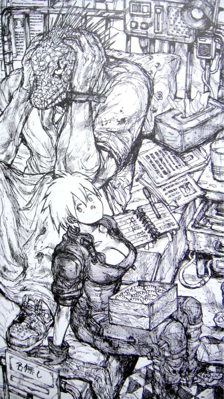 1boy, 1girl, bed, breasts, caiman_(dorohedoro), checkered_floor, cleavage, cropped