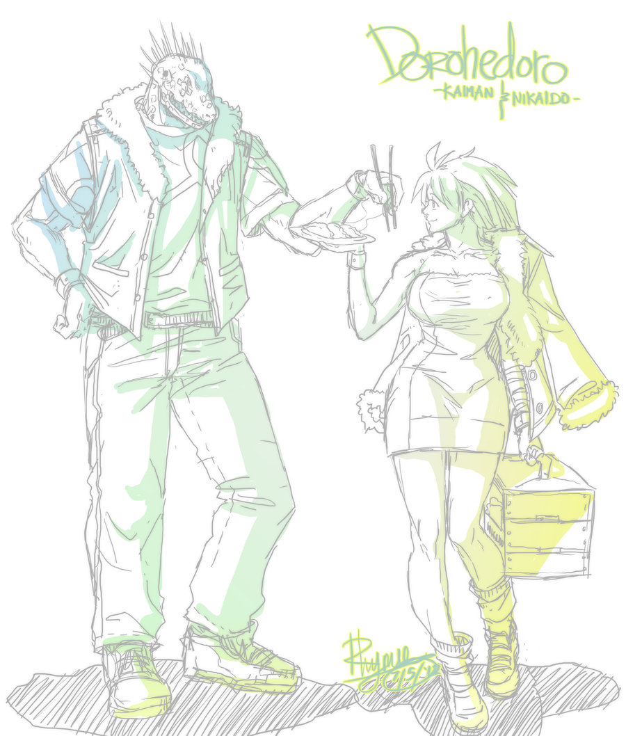 1boy, 1girl, artist_request, breasts, caiman_(dorohedoro), character_name, chopsticks, coat, coat_on_shoulders, copyright_name, curvy, dated, dorohedoro, dress, dumpling, food, gyoza, jacket, jacket_on_shoulders, large_breasts, limited_palette, lizard_head, lizard_man, long_hair, nikaidou_(dorohedoro), pencil_dress, plate, reptilian, rhymee, short_dress, signature, simple_background, tight_clothes, tight_dress, walking, white_background