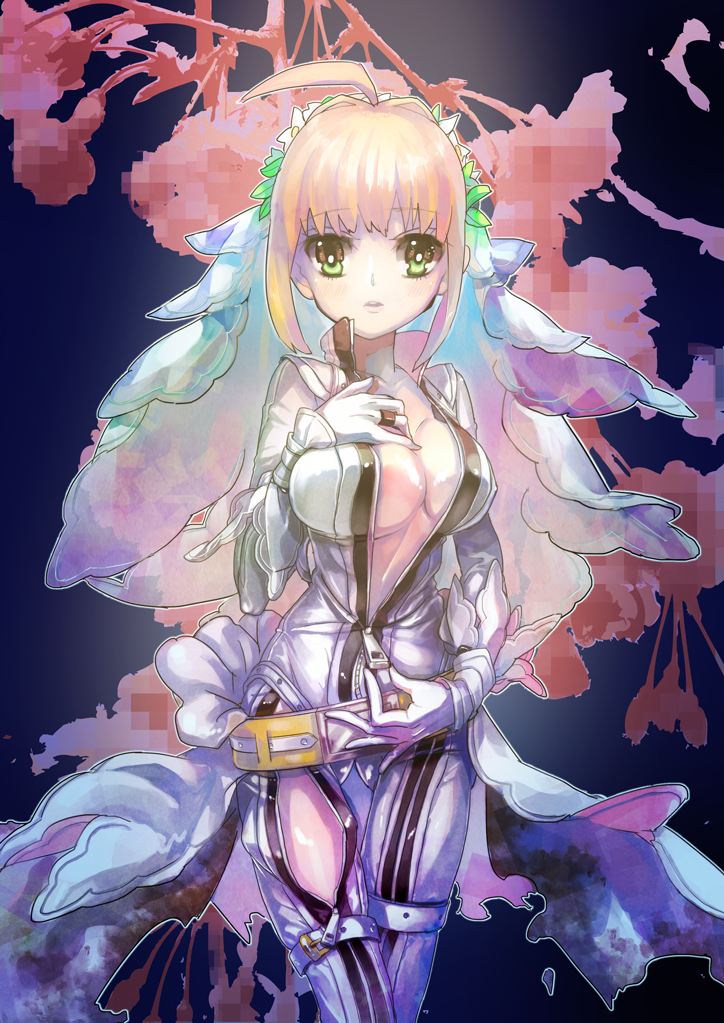 10s, 1girl, ahoge, blonde_hair, bodysuit, breasts, center_opening, cleavage