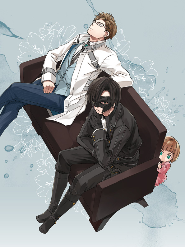 1girl, 2boys, black_gloves, black_hair, blue_background, boots, brown_hair, child