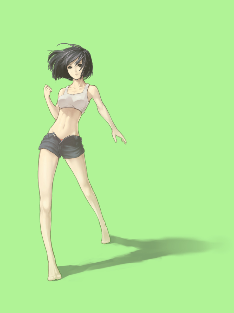 1girl, bad_id, bad_pixiv_id, bare_shoulders, barefoot, black_eyes, black_hair, clenched_hand