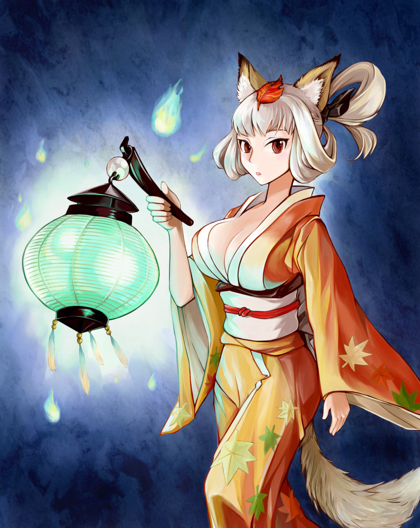 1girl, animal_ears, breasts, brown_eyes, cleavage, female_focus, fox_ears, fox_tail, hair_up, highres, hitodama, japanese_clothes, kimono, kongiku, lantern, large_breasts, leaf, leaf_on_head, obi, object_on_head, oboro_muramasa, paper_lantern, parted_lips, sash, silver_hair, solo, tail, tassel, toyo-1040-maruthi