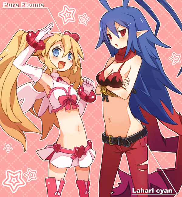 2girls, antenna_hair, armpits, bad_id, bad_pixiv_id, belt, blonde_hair, blue_eyes, blue_hair, blush, bosutafu, bow, bracelet, breasts, character_name, cleavage, crossed_arms, disgaea, disgaea_d2, flonne, groin, hair_ornament, heart, jewelry, laharl, laharl-chan, long_hair, magical_girl, multiple_girls, navel, open_mouth, pink_bow, pointy_ears, pure_flonne, ranguage, red_eyes, slit_pupils, star_(symbol), twintails, very_long_hair