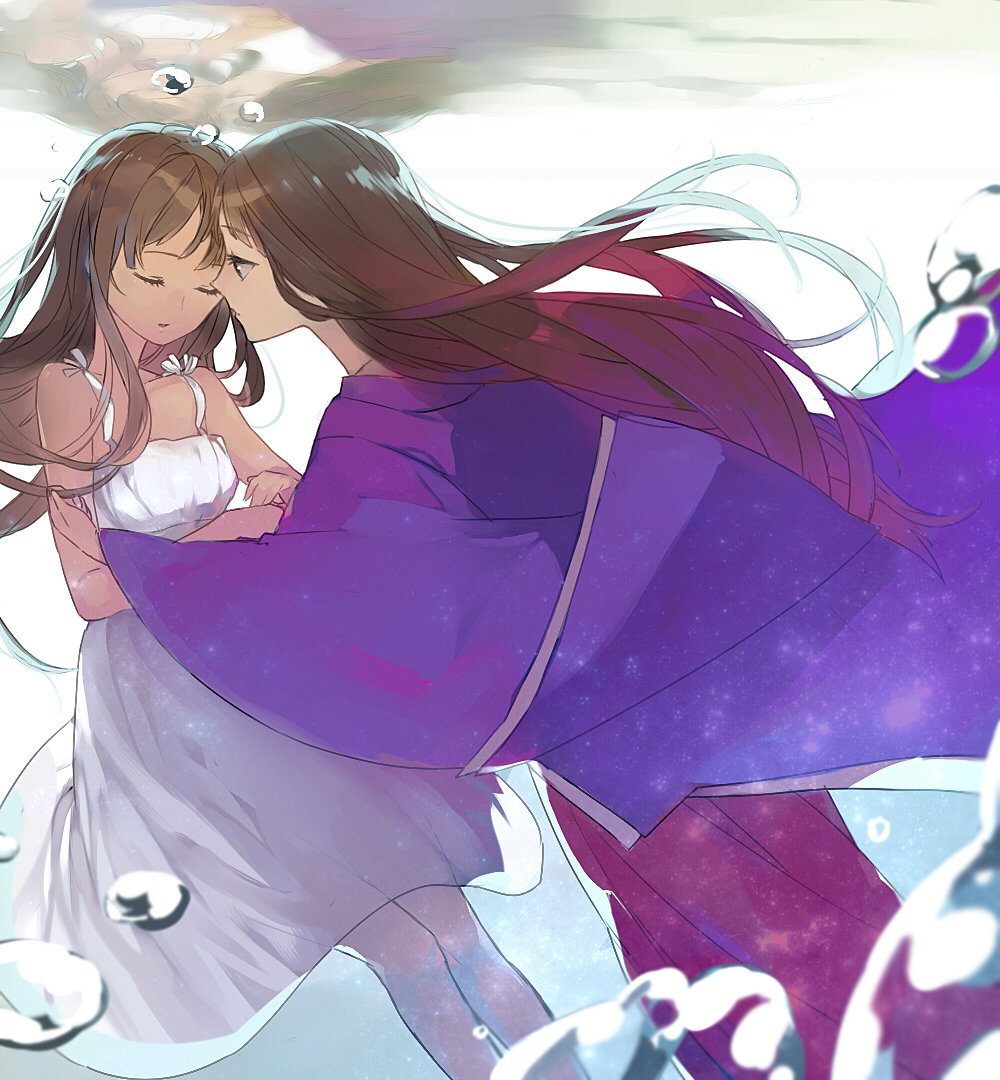 2girls, brown_hair, bubble, dress, dual_persona, himegami_(rdg), japanese_clothes, kimono