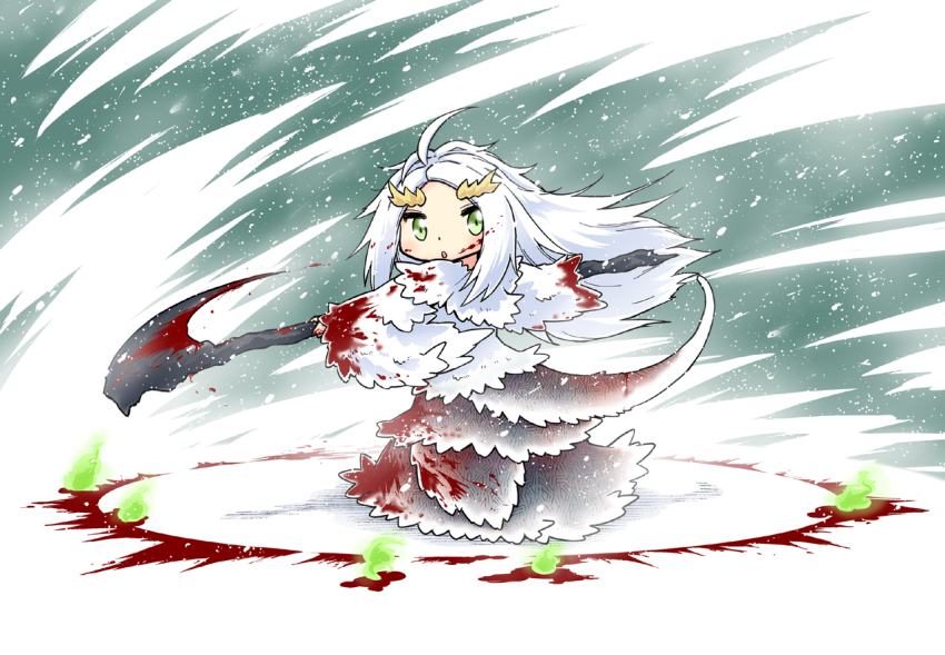 1girl, ahoge, blood, blood_on_clothes, blood_on_face, chibi, dark_souls_(series), dark_souls_i, fire, fromsoftware, fur, green_eyes, green_fire, long_hair, priscilla_the_crossbreed, scythe, serizawa_enono, tail, thick_eyebrows, weapon, white_hair