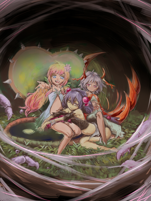 3girls, :d, aatora_the_fascinating_fiend, bare_legs, bare_shoulders, bent_over, blonde_hair, bloody_girl