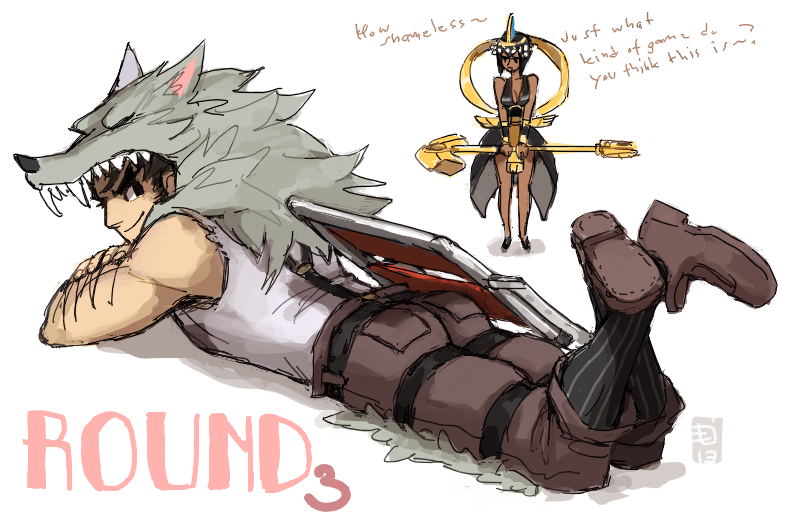 1boy, 1girl, ancient_egyptian, ankh, arm_hair, beowulf_(skullgirls), black_dress, black_hair