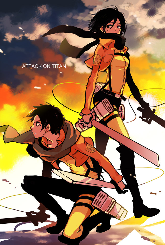 1boy, 1girl, black_hair, boots, dual_wielding, eren_yeager, holding, jacket