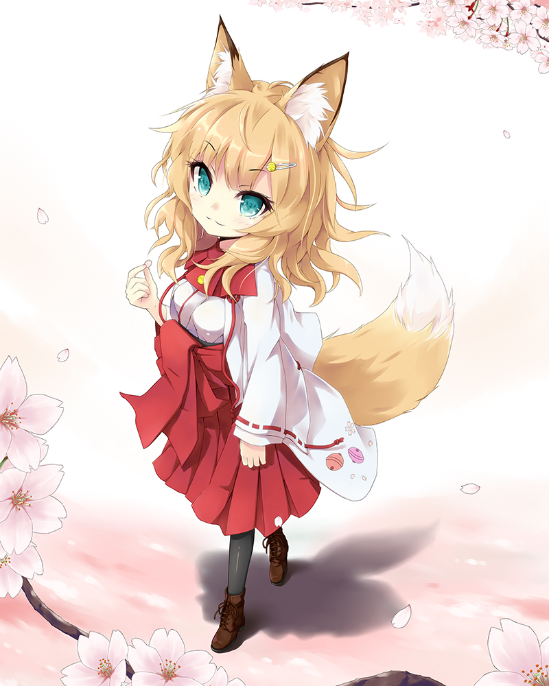 1girl, :3, animal_ears, bad_id, bad_pixiv_id, blonde_hair, boots, cherry_blossoms
