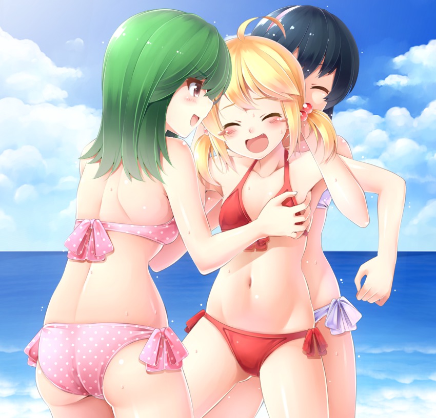 3girls, :d, ^_^, ahoge, ass, back, bad_id, bad_pixiv_id, bikini, blonde_hair, blush, blush_stickers, breasts, brown_eyes, closed_eyes, cloud, day, fang, grabbing_another's_breast, green_hair, groping, hair_bobbles, hair_ornament, hairband, highres, jikkyou_powerful_pro_yakyuu, komimiyako, laughing, long_hair, multiple_girls, navel, ocean, open_mouth, outdoors, pink_bikini, polka_dot, polka_dot_bikini, polka_dot_swimsuit, power_pro-kun_pocket_10, power_pro-kun_pocket, red_bikini, restrained, sakurai_itsuki, side-tie_bikini_bottom, sky, small_breasts, smile, swimsuit, takashi_nanao, tickling, tickling_armpits, twintails, water, yoshizuki_sara