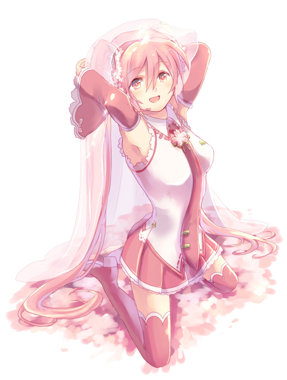 1girl, arms_up, bad_id, bad_pixiv_id, boots, detached_sleeves, female_focus, hatsune_miku, headset, high_heels, kneeling, long_hair, looking_at_viewer, matsumae_(tokoroten-max), necktie, open_mouth, pink_boots, pink_eyes, pink_hair, sakura_miku, shoes, skirt, solo, thigh_boots, thighhighs, tokoroten-max, twintails, very_long_hair, vocaloid