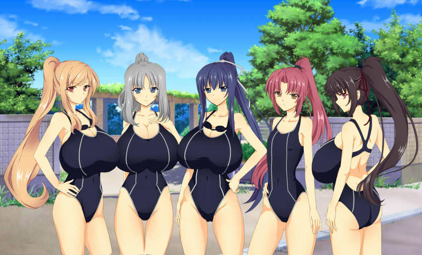 5girls, blonde_hair, blue_eyes, blue_hair, breasts, brown_eyes, brown_hair, cleavage