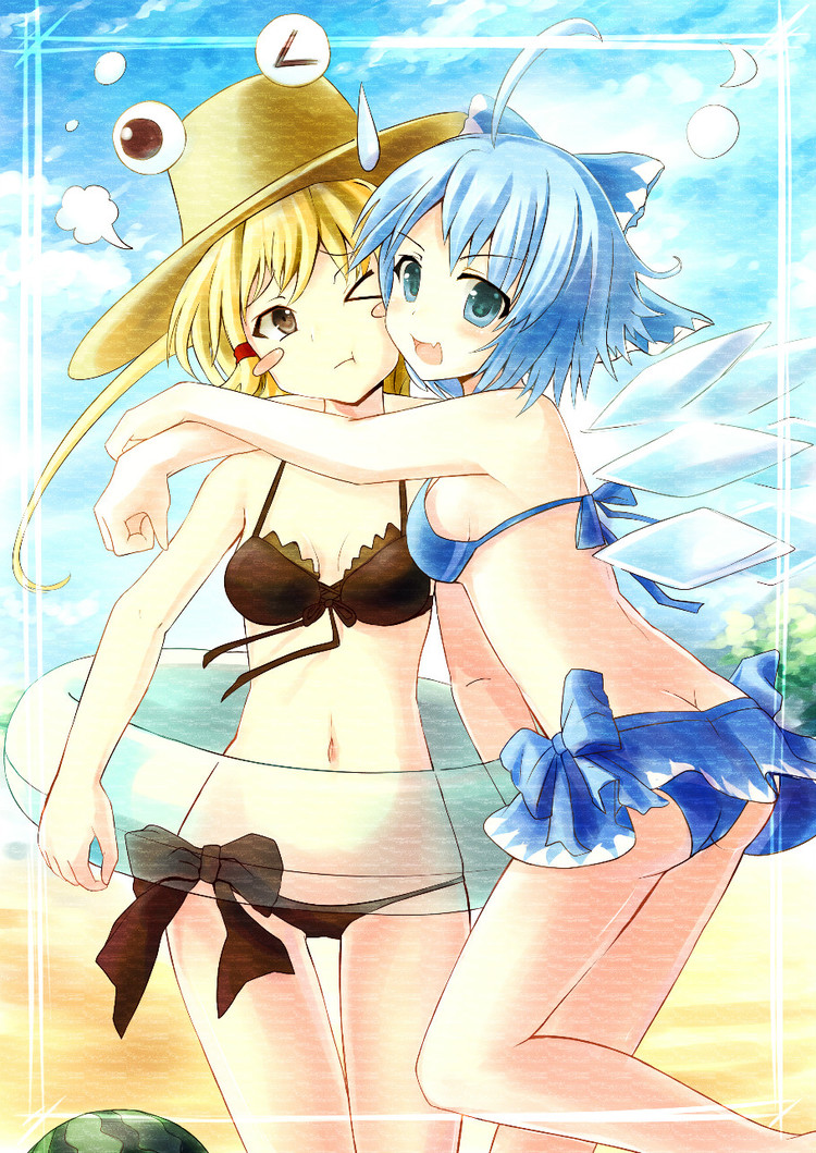 2girls, :d, :t, ;t, ahoge, ass, beach, bikini