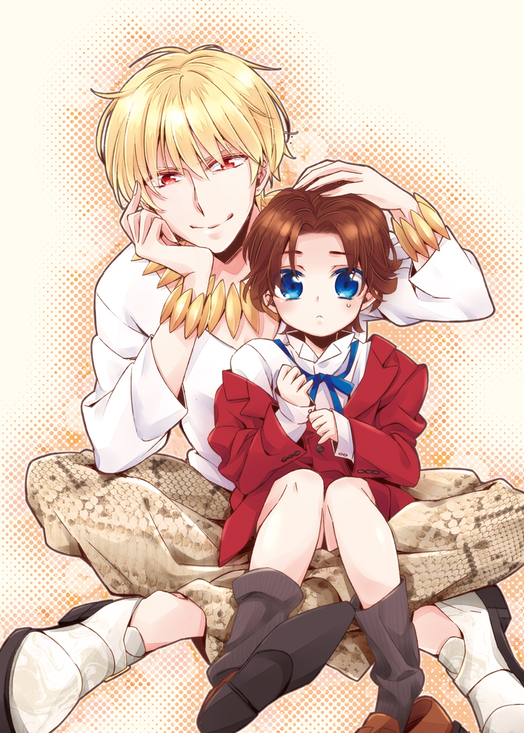 2boys, age_regression, bad_id, bad_pixiv_id, blonde_hair, blue_eyes, bracelet, brown_hair