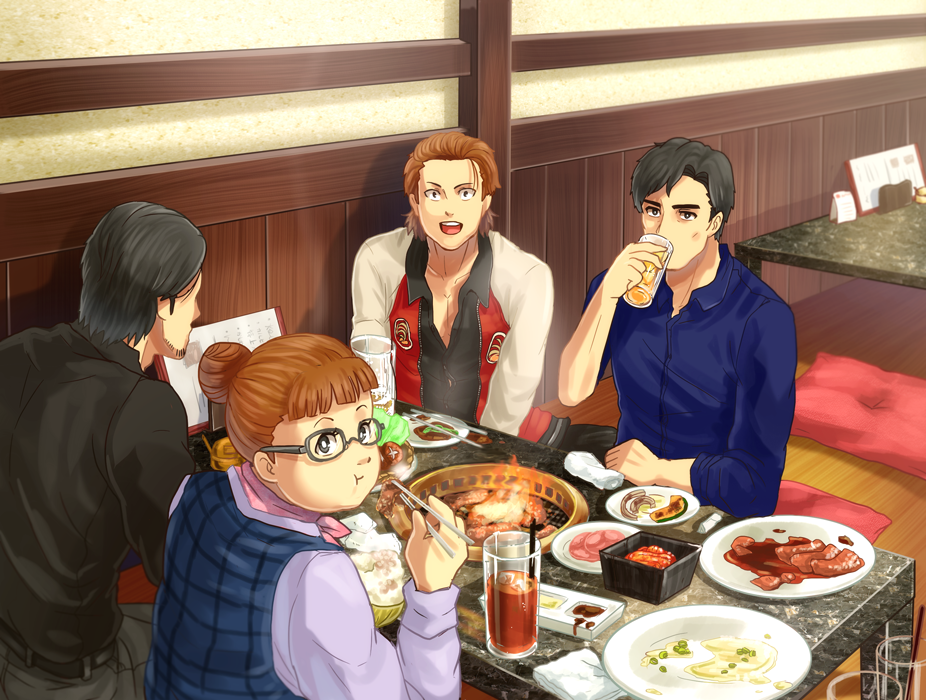1girl, 3boys, akiyama_shun, arai_hiroaki, black_hair, brown_hair, eating, food, glasses, hair_bun, hana_(ryuu_ga_gotoku), jacket, kido_takeshi, looking_at_viewer, meat, multiple_boys, plump, ryuu_ga_gotoku_(series), ryuu_ga_gotoku_4, sega, shinope, shirt, single_hair_bun, sports_jacket, track_jacket