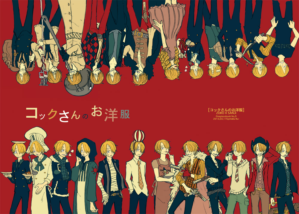 1boy, alabasta, apron, argyle_clothes, argyle_shirt, backpack, bag, ball, bandages, blonde_hair, bolo_tie, chef, cigarette, collared_shirt, copyright_name, cowboy_hat, crossdressing, crossdressing_(mtf), dress, dual_wielding, enies_lobby, food, formal_clothes, gloves, gun, hair_over_one_eye, handgun, hat, holding, hood, hoodie, intravenous_drip, knife, ladle, lou_(usopo), male_focus, mittens, multiple_persona, necktie, one_piece, one_piece:_strong_world, open_clothes, open_shirt, pants, pinstripe_(pattern), pistol, plaid_clothes, plaid_scarf, plate, polka_dot, polka_dot_shirt, red_background, red_pants, red_shoes, sanji_(one_piece), scarf, shirt, shoes, skypiea, solo, striped_clothes, striped_necktie, suit, sweater, wallet_chain, weapon