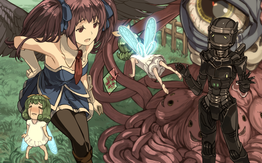 3girls, android, android_(elona), bad_id, bad_pixiv_id, barefoot, black_angel_(elona), bloomers