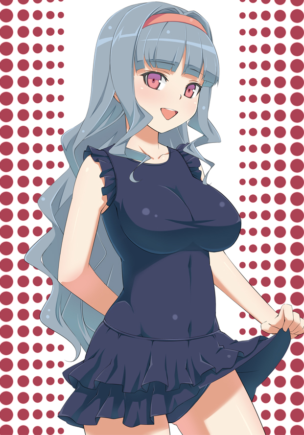 1girl, :d, arm_behind_back, blue_one-piece_swimsuit, blunt_bangs, blush, breasts, clothes_lift