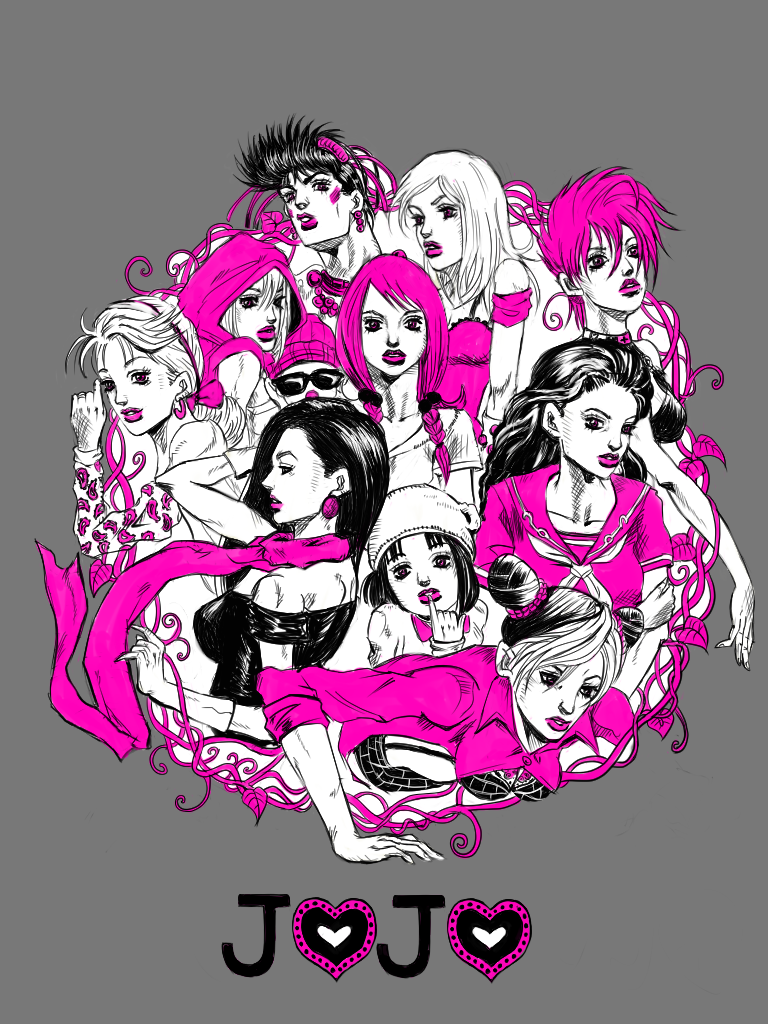 1boy, 6+girls, battle_tendency, crossdressing, diamond_is_not_crash, double_bun, hat, higashikata_daiya