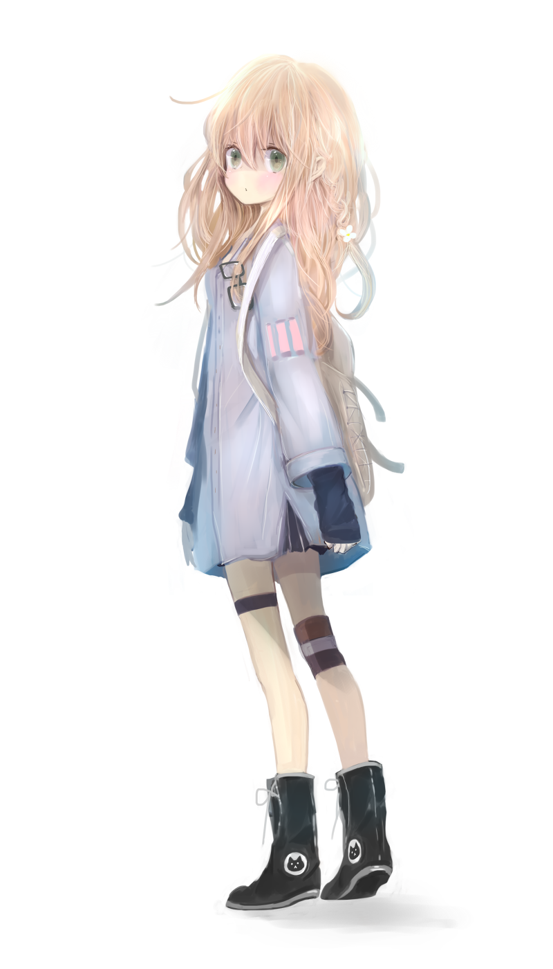 1girl, bag, blonde_hair, boots, coat, eyewear_hang, female_focus, flower