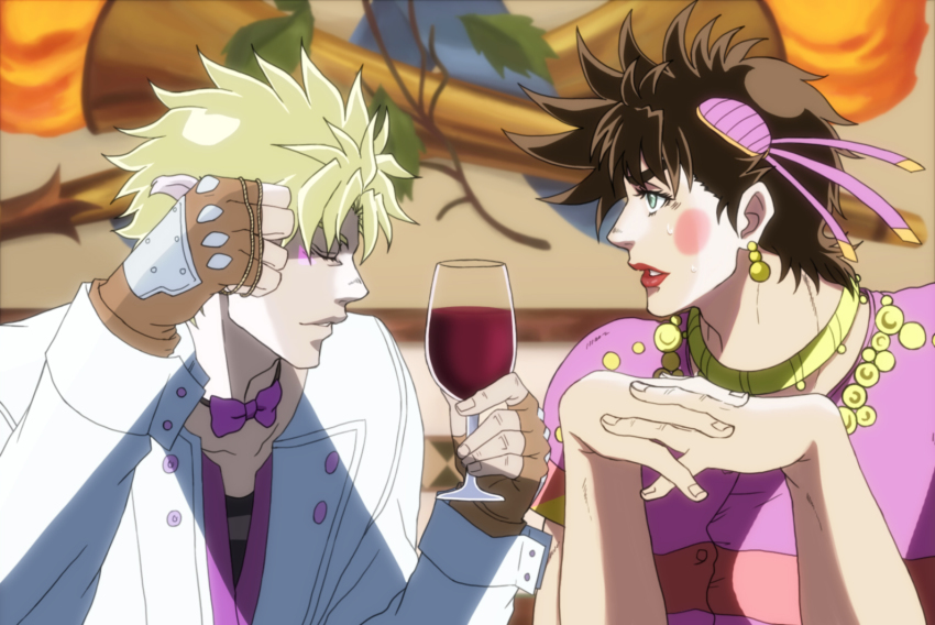 2boys, alcohol, anime_coloring, battle_tendency, blonde_hair, bow, bowtie, brown_hair