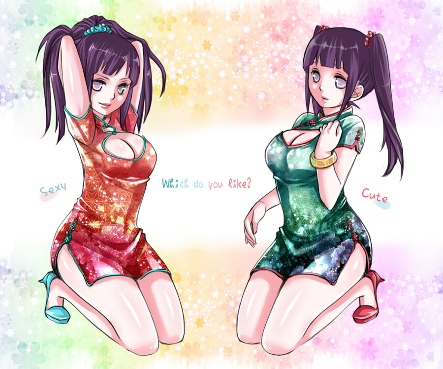 1girl, aoi-mitsubachi, arms_behind_head, breasts, china_dress, chinese_clothes, cleavage, cleavage_cutout, clothing_cutout, dress, dual_persona, english_text, high_heels, hyuuga_hinata, kneeling, large_breasts, long_hair, naruto_(series), naruto_shippuuden, ponytail, purple_hair, road_to_ninja:_naruto_the_movie, shoes, short_dress, side_slit, twintails, white_eyes