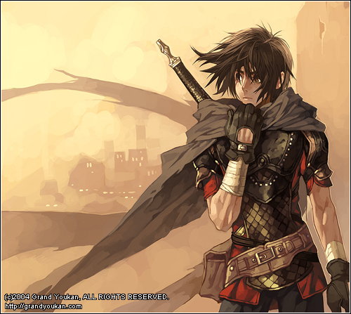 00s, 1boy, 2004, armor, bandaged_arm, bandages, belt, brown_hair, cape, gloves, grand_youkan, grandyoukan, knight, lowres, male_focus, non-web_source, ragnarok_online, scale_armor, short_hair, solo, sword, weapon