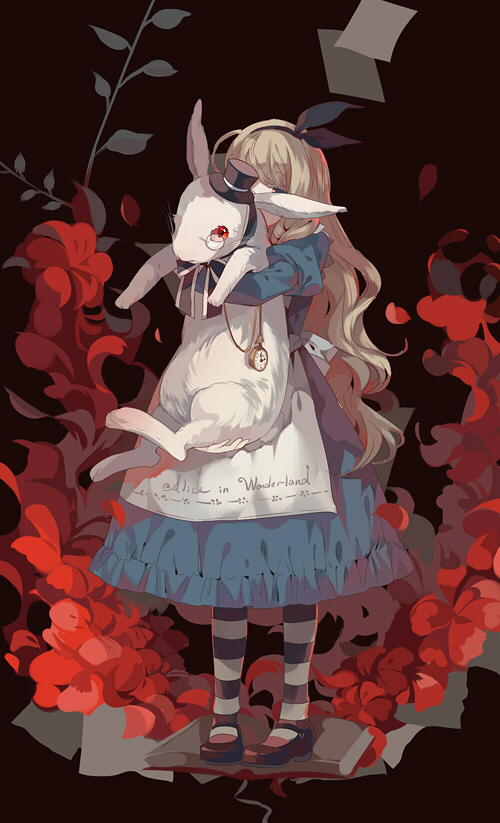 1girl, alice_(alice_in_wonderland), alice's_adventures_in_wonderland, animalization, apron, are_you_alice?, blonde_hair, blue_dress, book, dhiea, dress, flower, glasses, hair_ribbon, hat, juliet_sleeves, long_hair, long_sleeves, marianne_(are_you_alice?), pantyhose, pince-nez, pocket_watch, puffy_sleeves, rabbit, ribbon, striped_clothes, striped_pantyhose, top_hat, very_long_hair, waist_apron, watch, white_rabbit_(alice_in_wonderland)