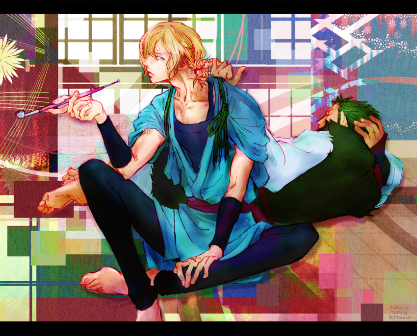 2boys, alternate_costume, armband, barefoot, blonde_hair, blue_eyes, green_hair, hair_over_one_eye