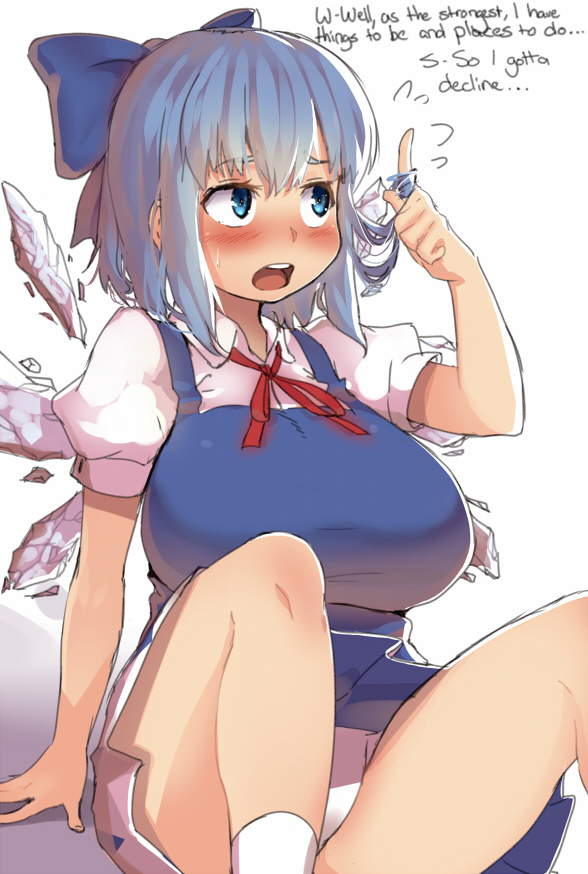 1girl, alternate_breast_size_(larger), blue_eyes, blue_hair, blush, bow, breasts, cirno