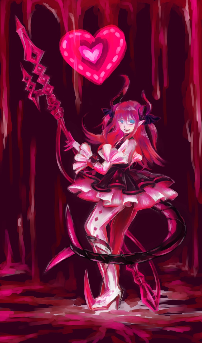 10s, 1girl, absurdres, blue_eyes, detached_sleeves, dress, elizabeth_bathory_(fate), elizabeth_bathory_(fate/extra), elizabeth_bathory_(first_ascension)_(fate), fate/extra, fate/extra_ccc, fate_(series), female_focus, highres, horns, long_hair, pink_hair, pink_theme, pointy_ears, pointy_shoes, polearm, shoes, solo, spear, tail, two_side_up, uguisu_ann, weapon