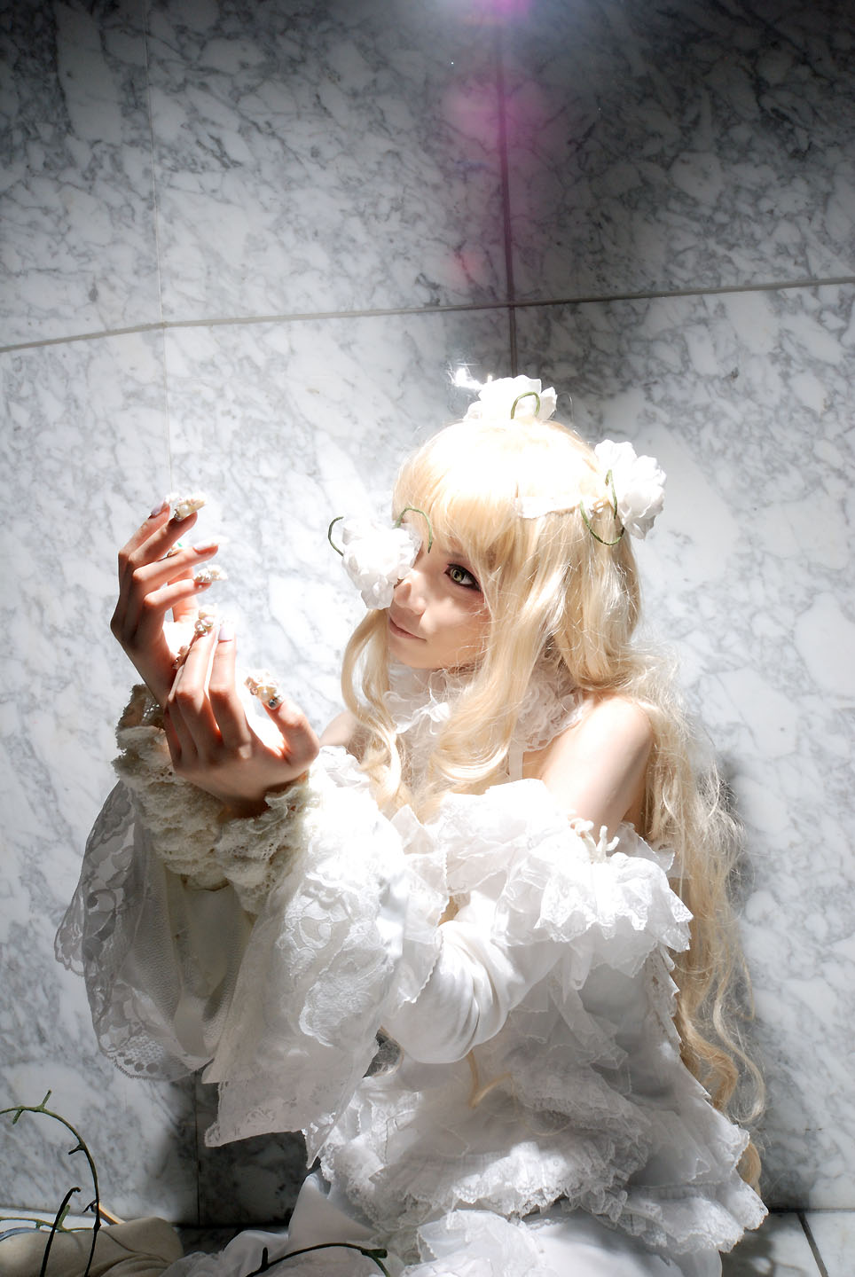 blonde_hair, boots, cosplay, dress, eyepatch, flower, frills, highres, houtou_singi_(model), kirakishou, photo_(medium), rozen_maiden