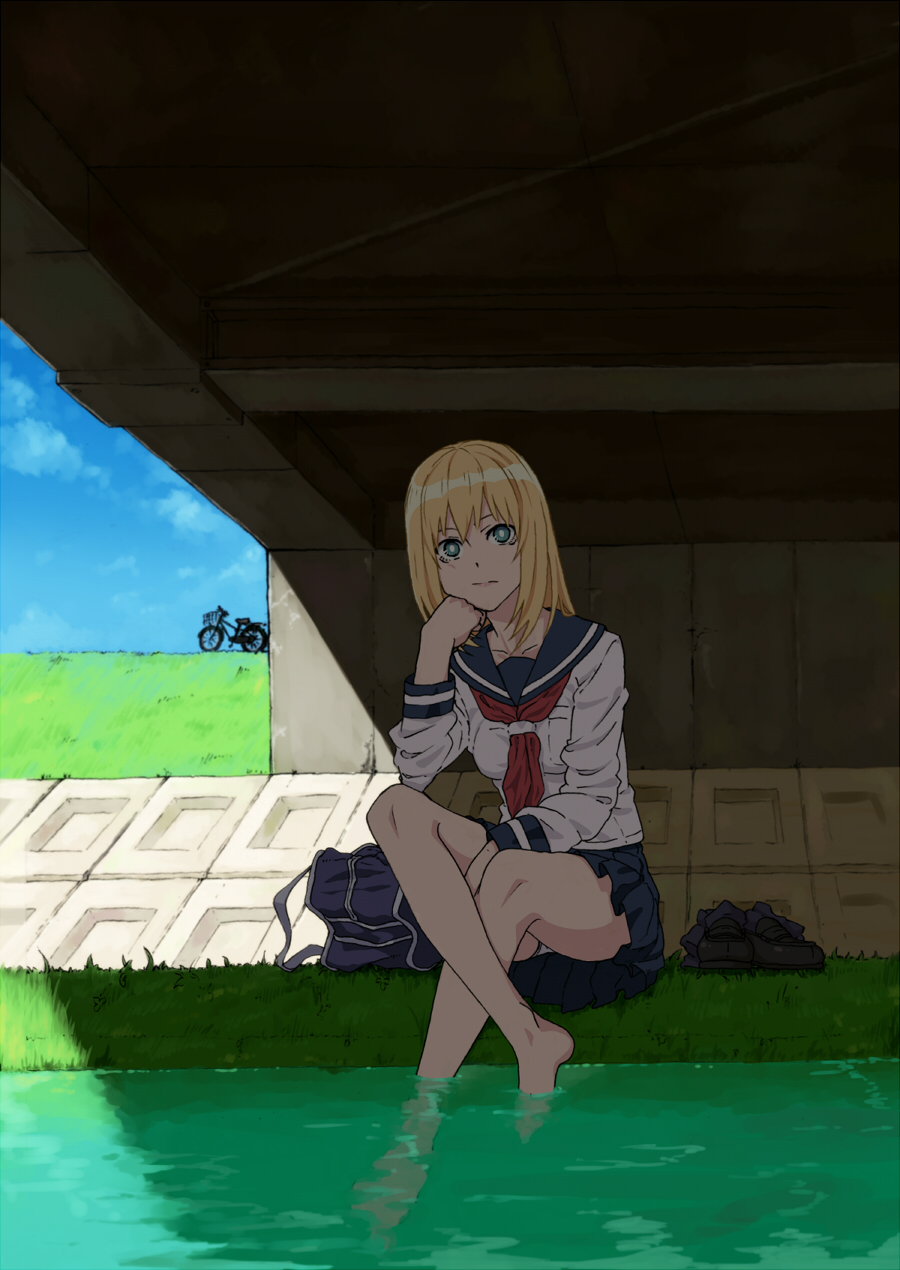 1girl, :/, bad_id, bad_pixiv_id, bag, bare_legs, barefoot, basket