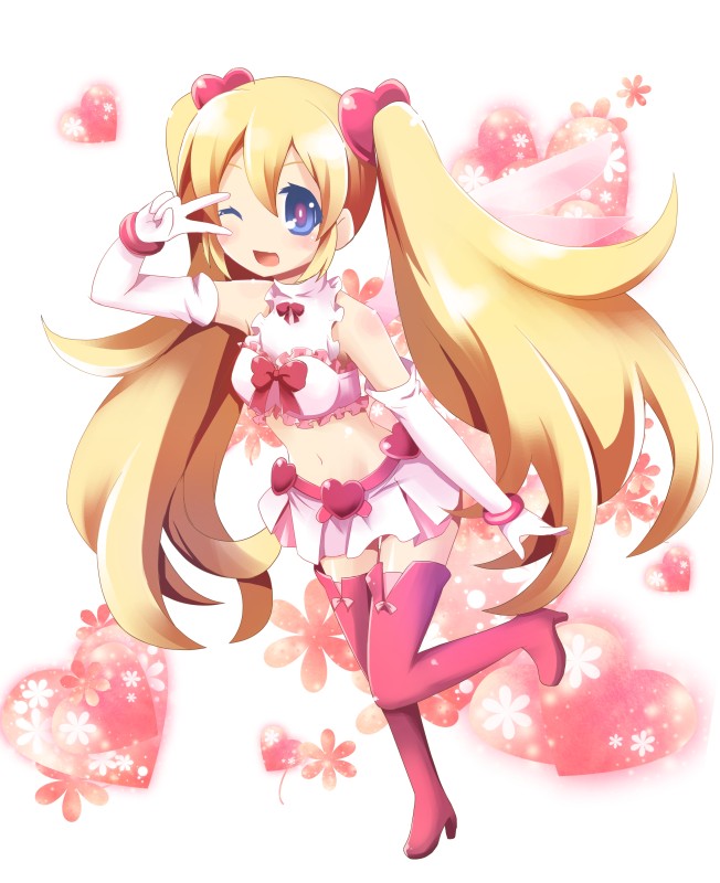 1girl, ;d, blonde_hair, blue_eyes, blush, boots, bow, disgaea