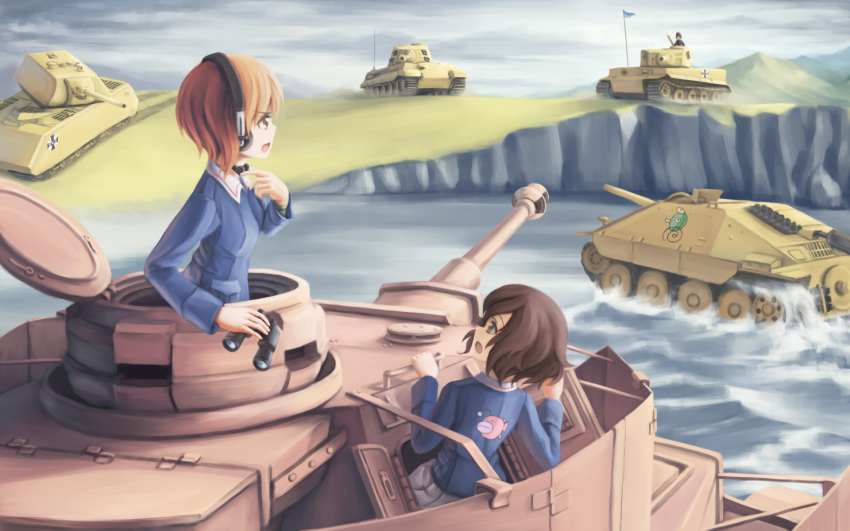 10s, 3girls, akiyama_yukari, anglerfish, bad_id, bad_pixiv_id, binoculars, blue_jacket
