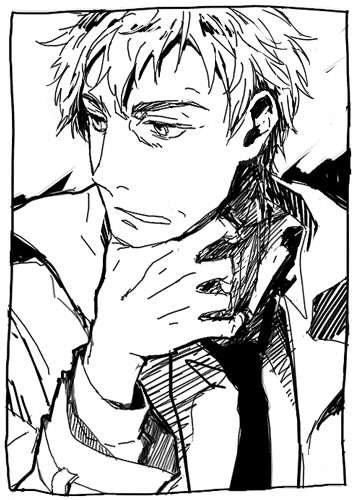 1boy, coat, elijah_baley, greyscale, kurosuke_(nora), lowres, monochrome, necktie