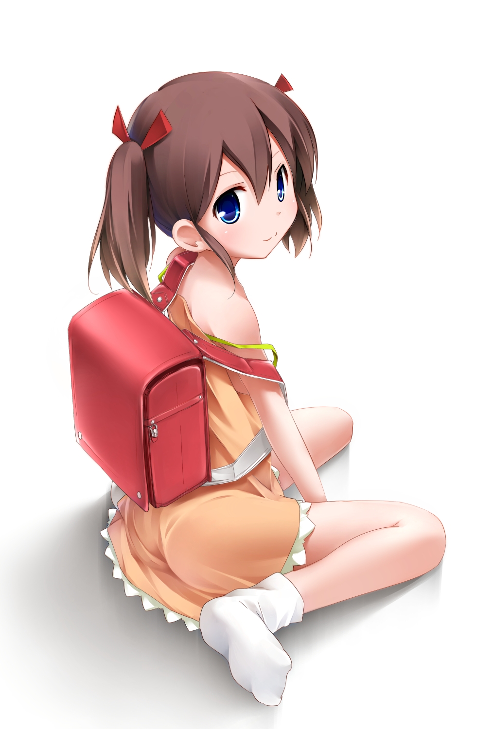 1girl, backpack, bag, bare_shoulders, blue_eyes, brown_hair, female_focus, highres