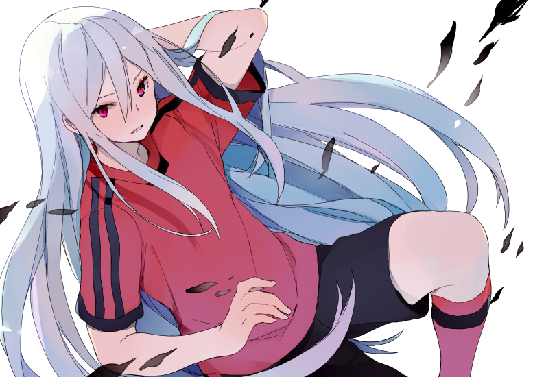 1boy, afuro_terumi, bad_id, bad_pixiv_id, dutch_angle, inazuma_eleven, inazuma_eleven_(game), inazuma_eleven_(series), inazuma_eleven_strikers, level-5, long_hair, male_focus, red_eyes, sekai_senbatsu, simple_background, soccer_uniform, solo, sportswear, tokio_neo, very_long_hair, white_background, white_hair