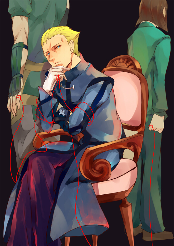 3boys, bad_id, bad_pixiv_id, black_hair, blonde_hair, blue_eyes, chair, diarmuid_ua_duibhne_(fate)