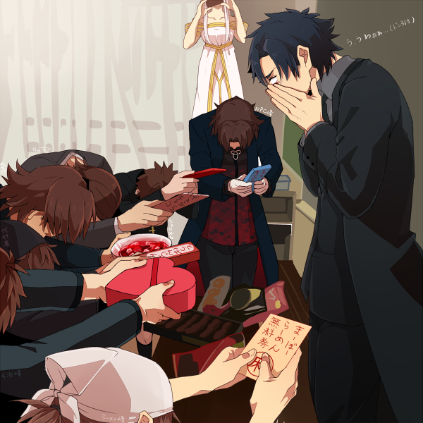10s, 1girl, 6+boys, aged_down, brown_eyes, brown_hair, danshi_koukou_valentine_(meme), emiya_kiritsugu
