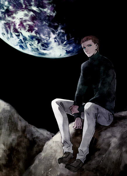 1boy, android, blue_eyes, brown_hair, kurosuke_(nora), planet, r_daneel_olivaw, sitting