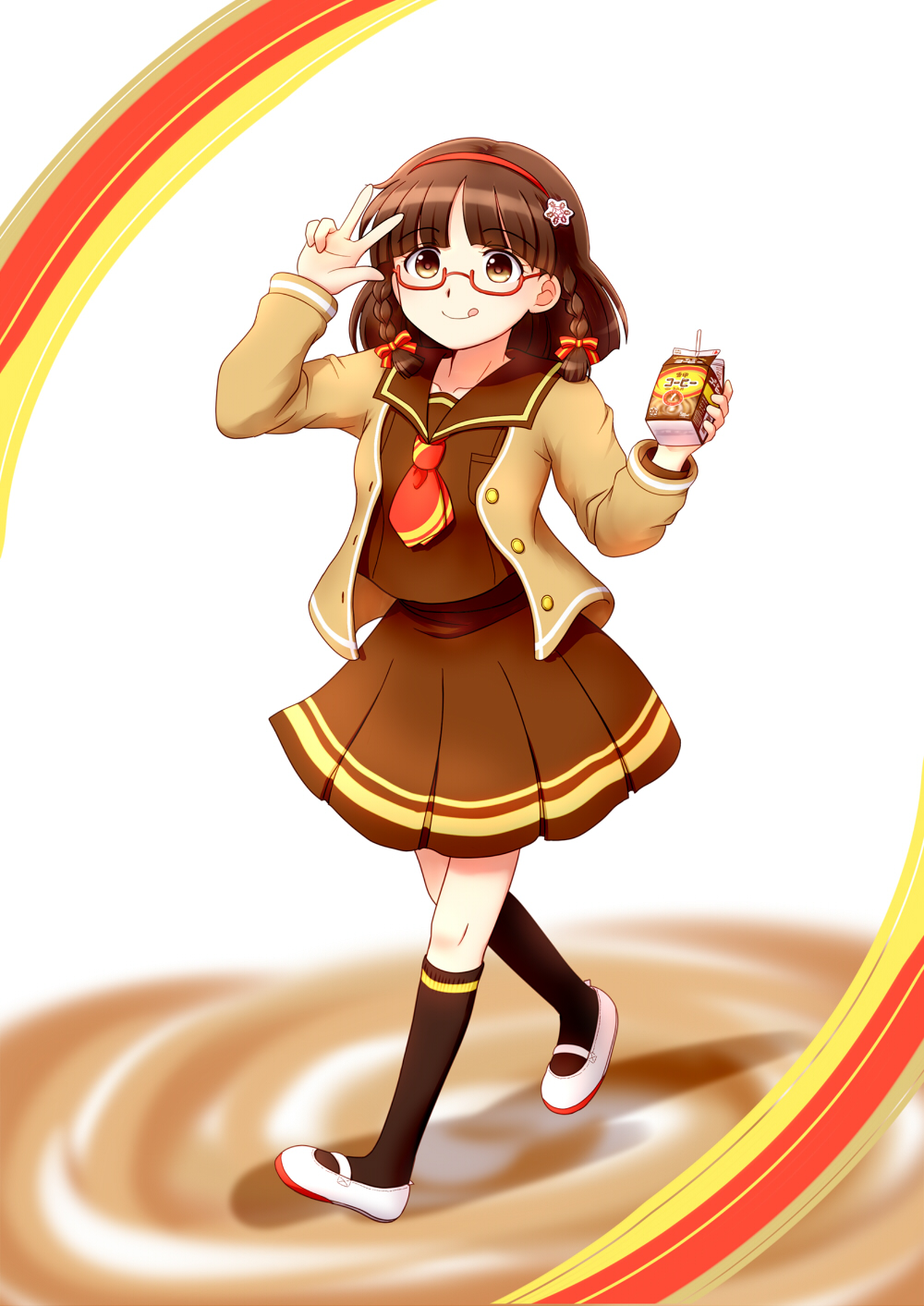 1girl, :q, braid, brown_eyes, brown_hair, drink_carton, female_focus, glasses, hair_ornament, hairband, hairpin, highres, hoshizukuyo, milk, milk_carton, original, school_uniform, short_hair, skirt, smile, solo, sweater, tongue, tongue_out, twin_braids, yukico-tan, yukijirushi