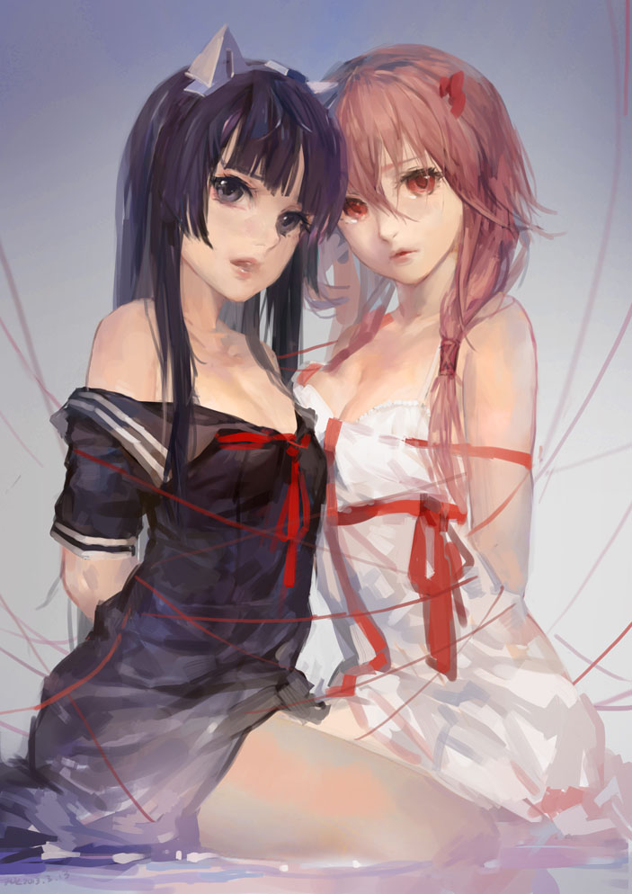 10s, 2girls, arms_behind_back, asymmetrical_docking, bad_id, bad_pixiv_id, bare_shoulders, black_eyes