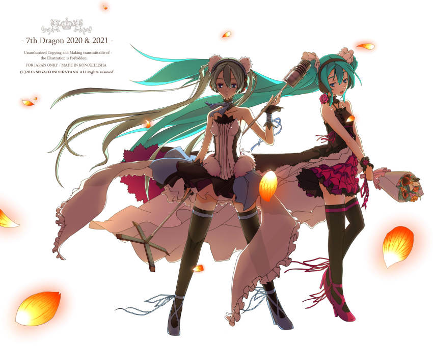 2girls, 7th_dragon, 7th_dragon_(series), 7th_dragon_2020, 7th_dragon_2020-ii, :<, aqua_hair, blue_eyes, bouquet, dress, english_text, engrish_text, floro_(7th_dragon), flower, full_body, green_hair, hatsune_miku, headphones, high_heels, highres, konoekatana, long_hair, microphone, microphone_stand, multiple_girls, ranguage, shoes, thighhighs, twintails, very_long_hair, vocaloid, white_background