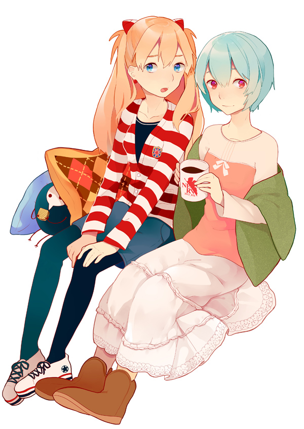 2girls, ayanami_rei, bad_id, bad_pixiv_id, blue_eyes, blue_hair, casual, cup