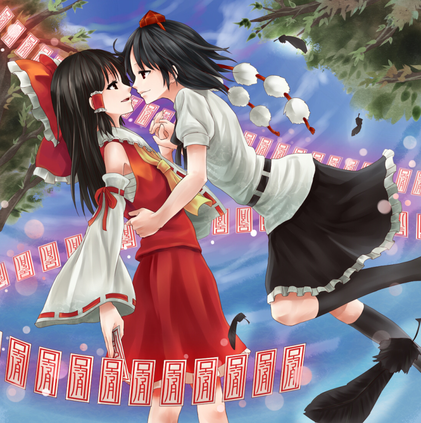 2girls, bad_id, bad_pixiv_id, black_eyes, black_hair, black_socks, bow, clothes_lift