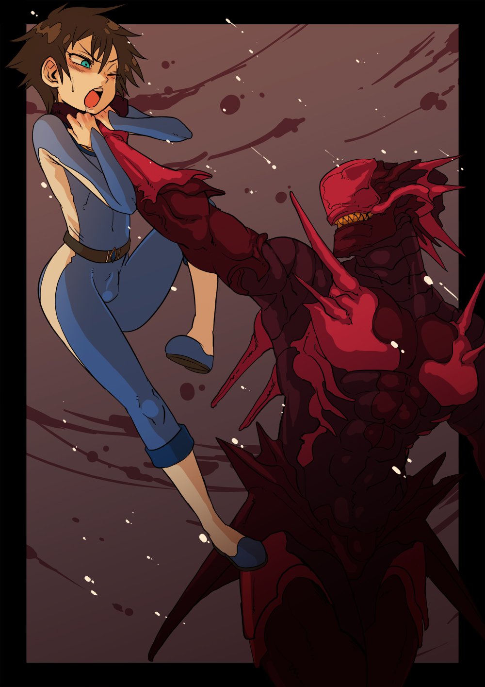 2boys, armor, asphyxiation, belt, blood, blue_eyes, blush, brown_hair