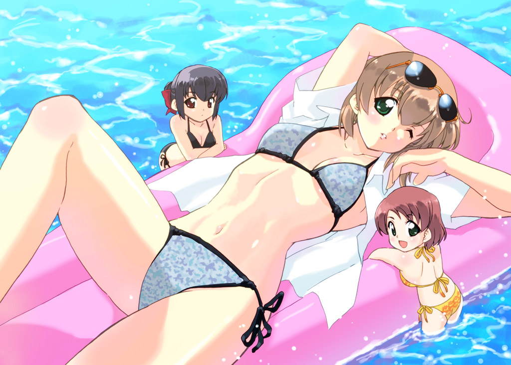 00s, 3girls, bikini, black_hair, blush, breasts, brown_hair, cleavage, eyewear_on_head, funabashi_chitose, green_eyes, happy, inflatable_raft, ishida_aiko, looking_back, lying, mini_person, minigirl, multiple_girls, navel, on_back, one_eye_closed, open_clothes, open_mouth, open_shirt, parted_lips, red_eyes, shibusawa_asagi, shiny_skin, shirt, short_hair, side-tie_bikini_bottom, size_difference, smile, sunglasses, swimsuit, tessai, tetsudou_musume, thighs, water, water_float, wink