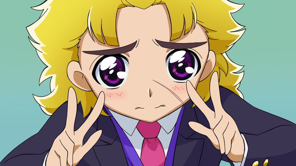 1boy, blonde_hair, blush, coat, crossover, cure_peace_pose, double_v, formal_clothes, jojo_no_kimyou_na_bouken, kaniharu, long_coat, long_hair, male_focus, necktie, parody, phantom_blood, precure, purple_eyes, robert_e._o._speedwagon, scar, smile_precure!, solo, suit, v, victory_pose