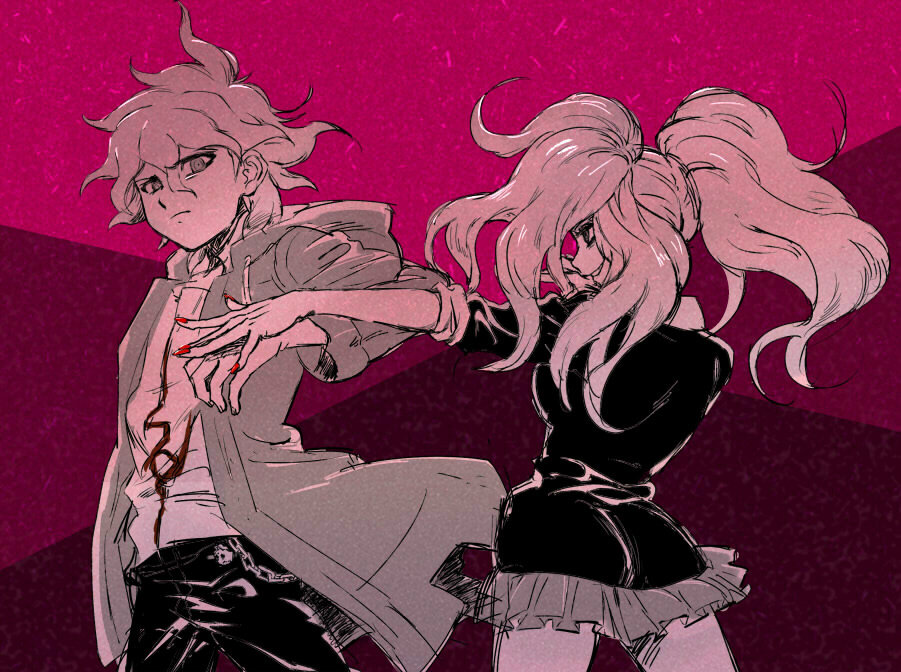 10s, 1boy, 1girl, danganronpa_(series), danganronpa:_trigger_happy_havoc, enoshima_junko, hood, hoodie